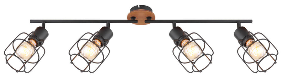 Vue de face du luminaire noir avec quatre spots cages et ampoules