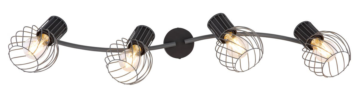 Vue à plat du luminaire déployé avec ses quatre spots répartis sur le rail