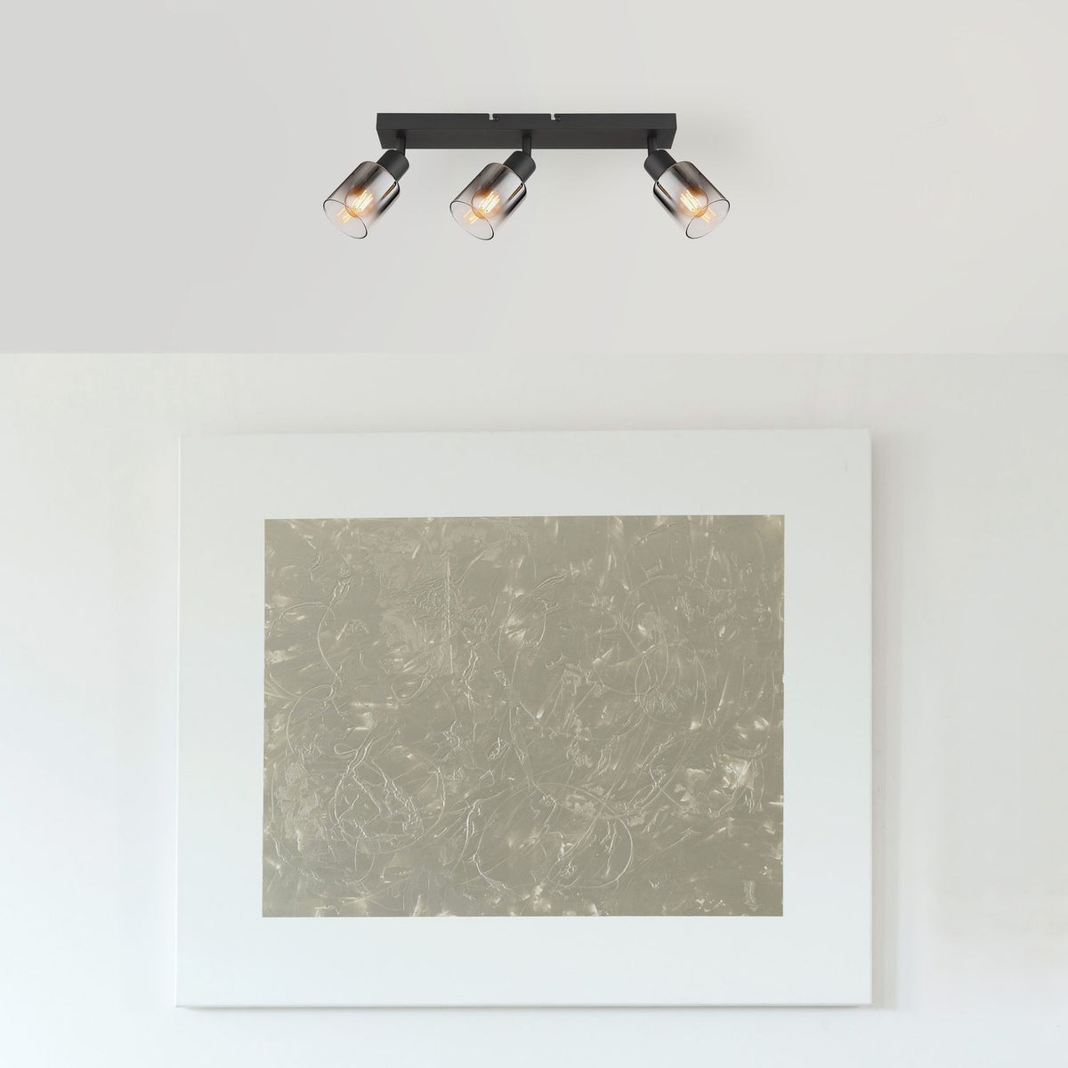 Mise en ambiance : spot noir fixé au plafond blanc au-dessus d'un tableau encadré.