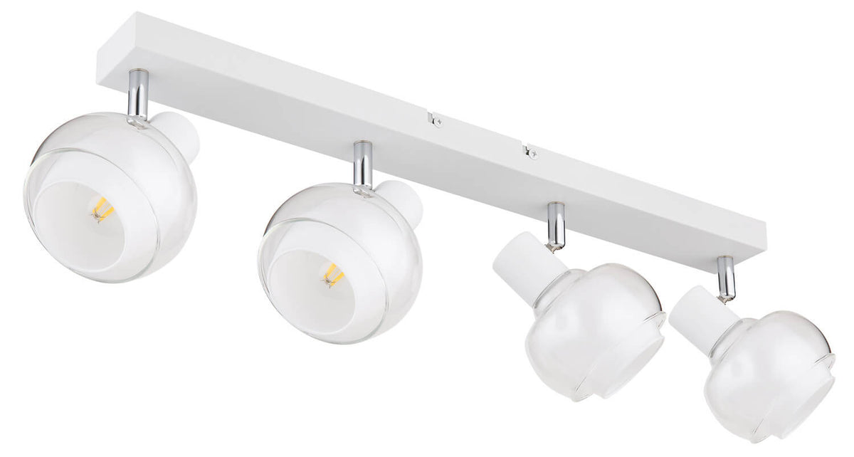Vue du luminaire éteint, verre extérieur transparent et ampoule intérieure visible sous la barre blanche.