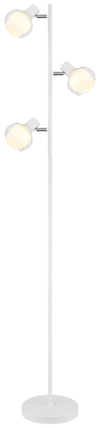 Vue de face du lampadaire blanc avec trois spots sphériques et structure verticale.