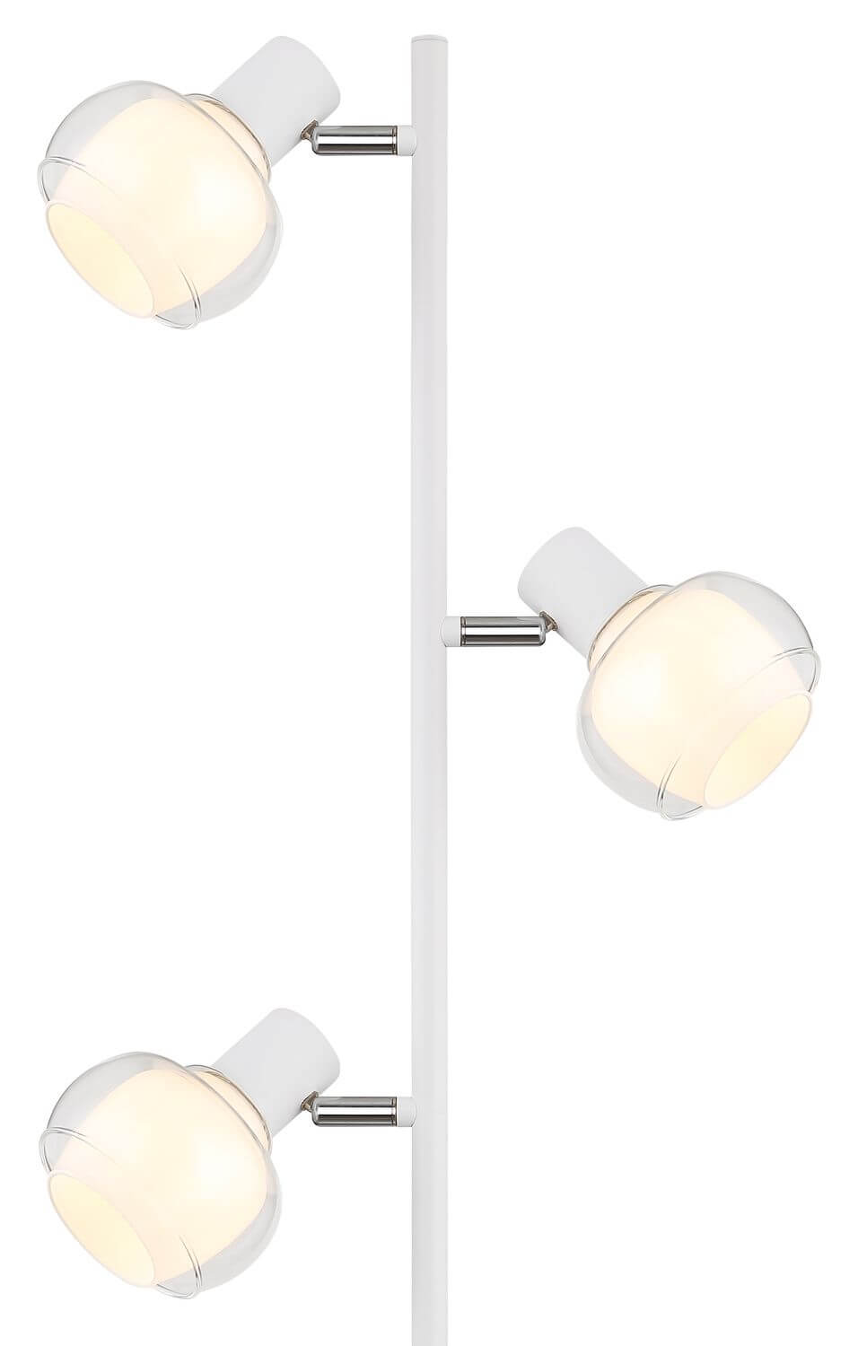 Détail des trois globes en verre transparent et blanc mat, fixés sur bras orientables.