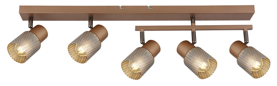 Vue de face du rail avec cinq spots et ampoules allumées sur fond blanc