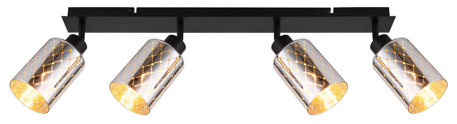 Produit de face, platine noire et quatre projecteurs orientables alignés