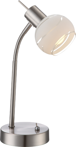Gros plan sur la tête sphérique en verre et le bras flexible en métal satiné.