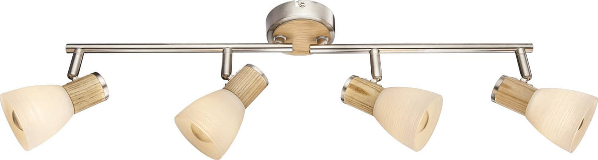 Vue de face du plafonnier à quatre spots orientables avec finition nickel et bois clair.