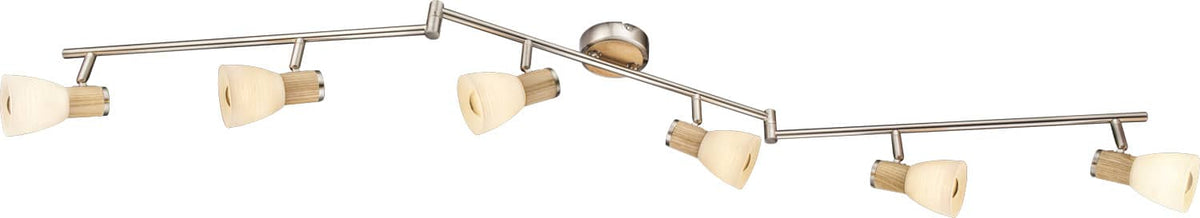 Vue de face du plafonnier nickel satiné, six têtes en bois clair et verre opalin