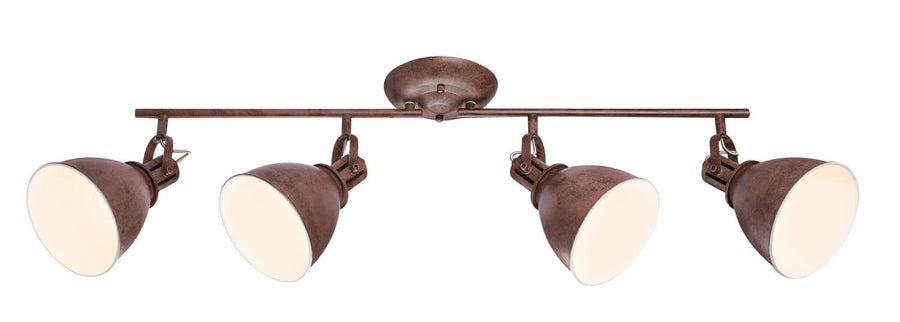 Vue légèrement décalée du luminaire rustique, mettant en valeur la barre et les fixations.