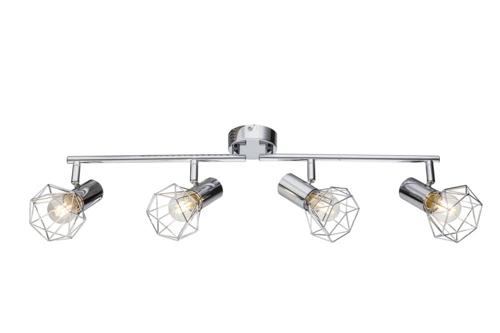 Présentation du luminaire quatre spots chromés, mettant en avant les cages métalliques ajourées.