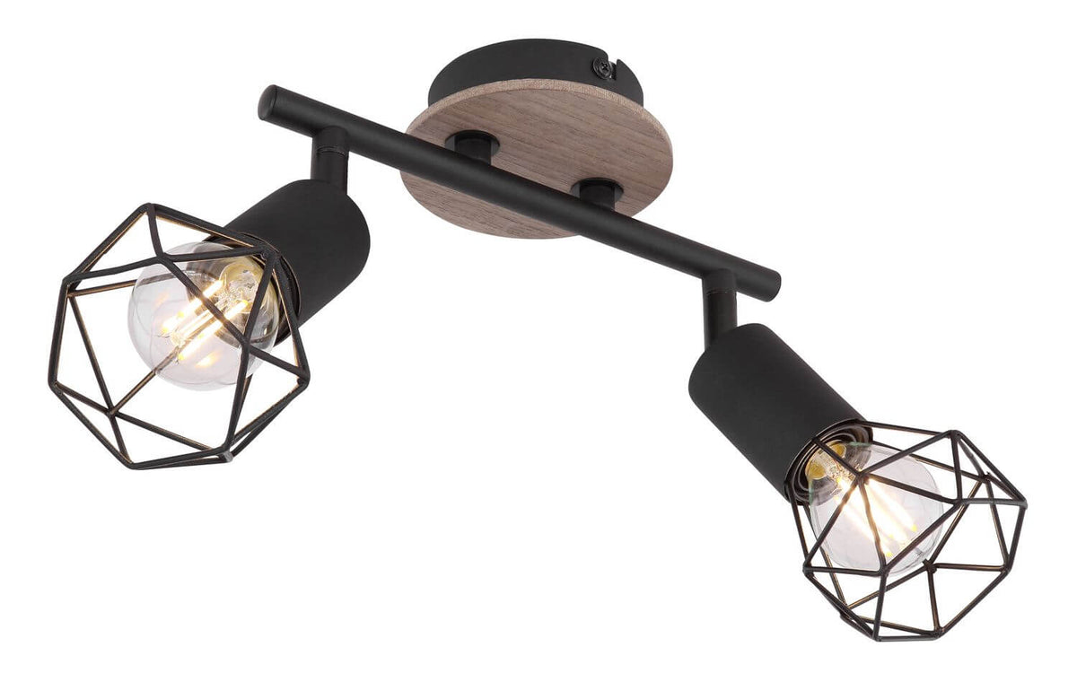 Présentation du luminaire plafond double spot noir et bois, têtes orientables en cage.