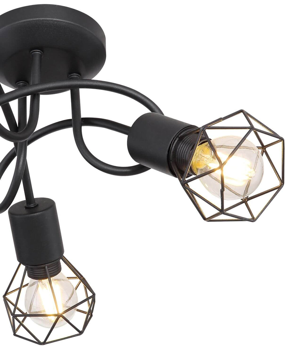 Détail rapproché de la cage géométrique et de la douille noire avec ampoule