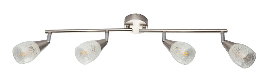 Vue de face du luminaire quatre spots, verre dépoli et structure en nickel satiné.