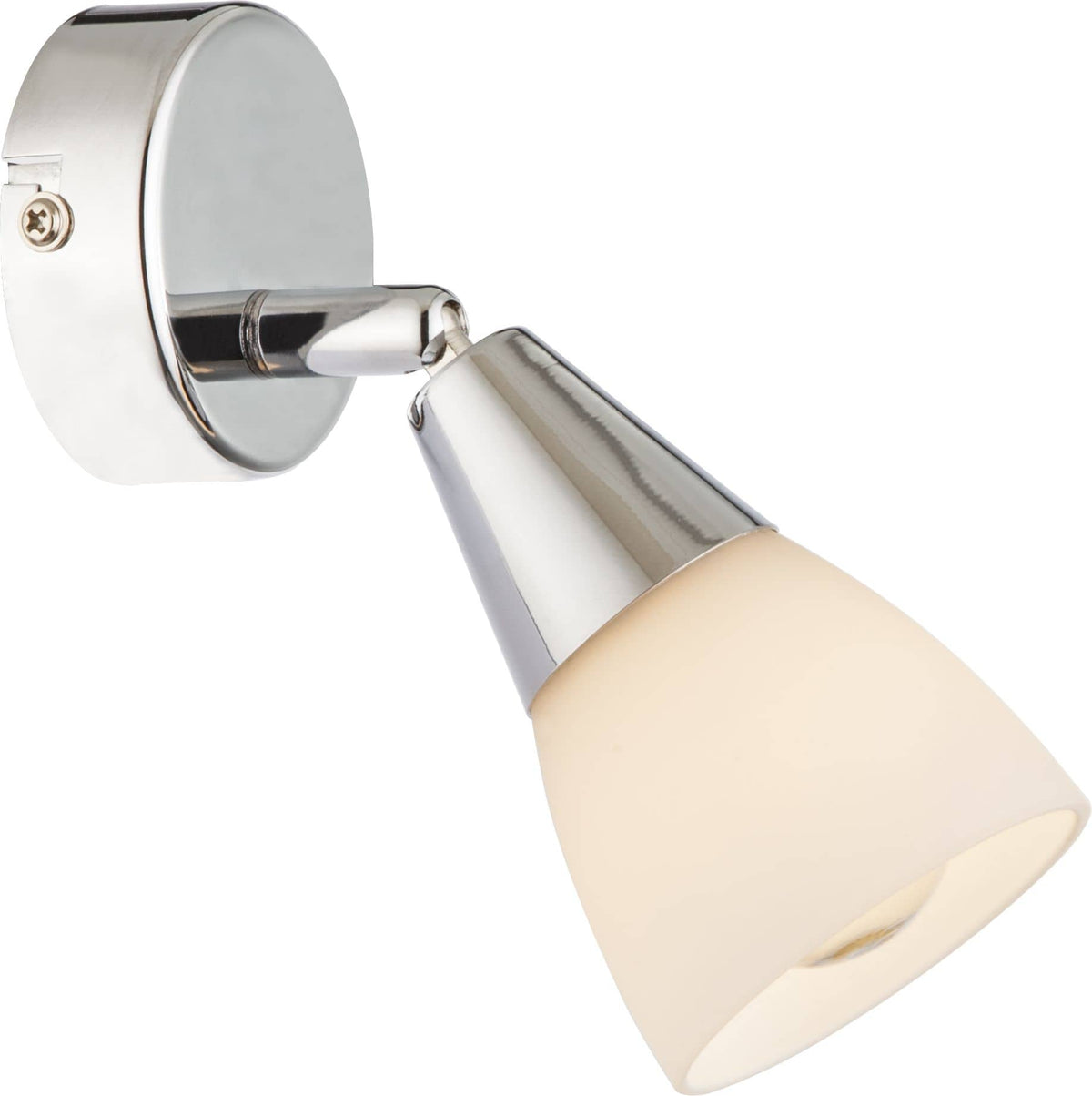 Vue rapprochée du luminaire mural chromé avec son abat-jour conique orientable.