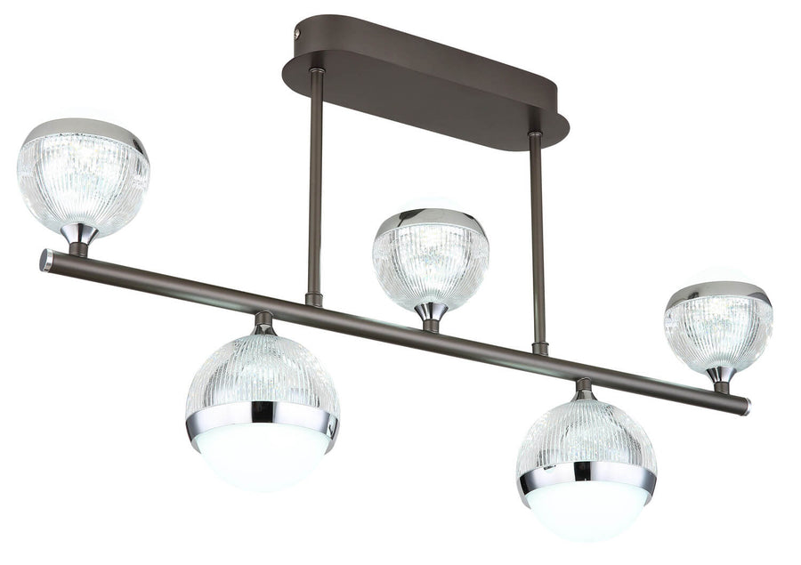 Autre angle du plafonnier avec les cinq globes et la finition brun foncé.