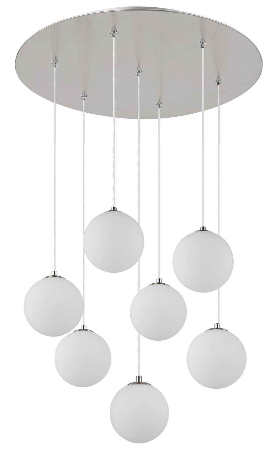 Platine ovale nickel satiné et fixations des câbles, globes éteints