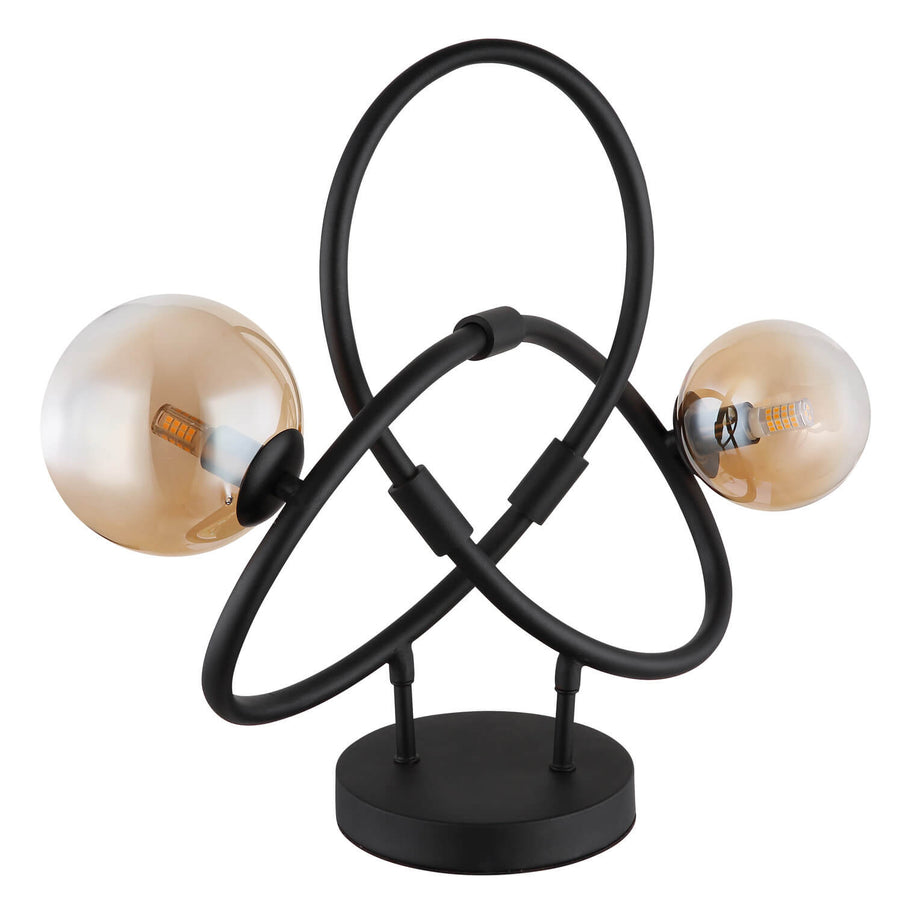 Détail de la finition noire mate et des deux ampoules visibles dans les globes ambrés.