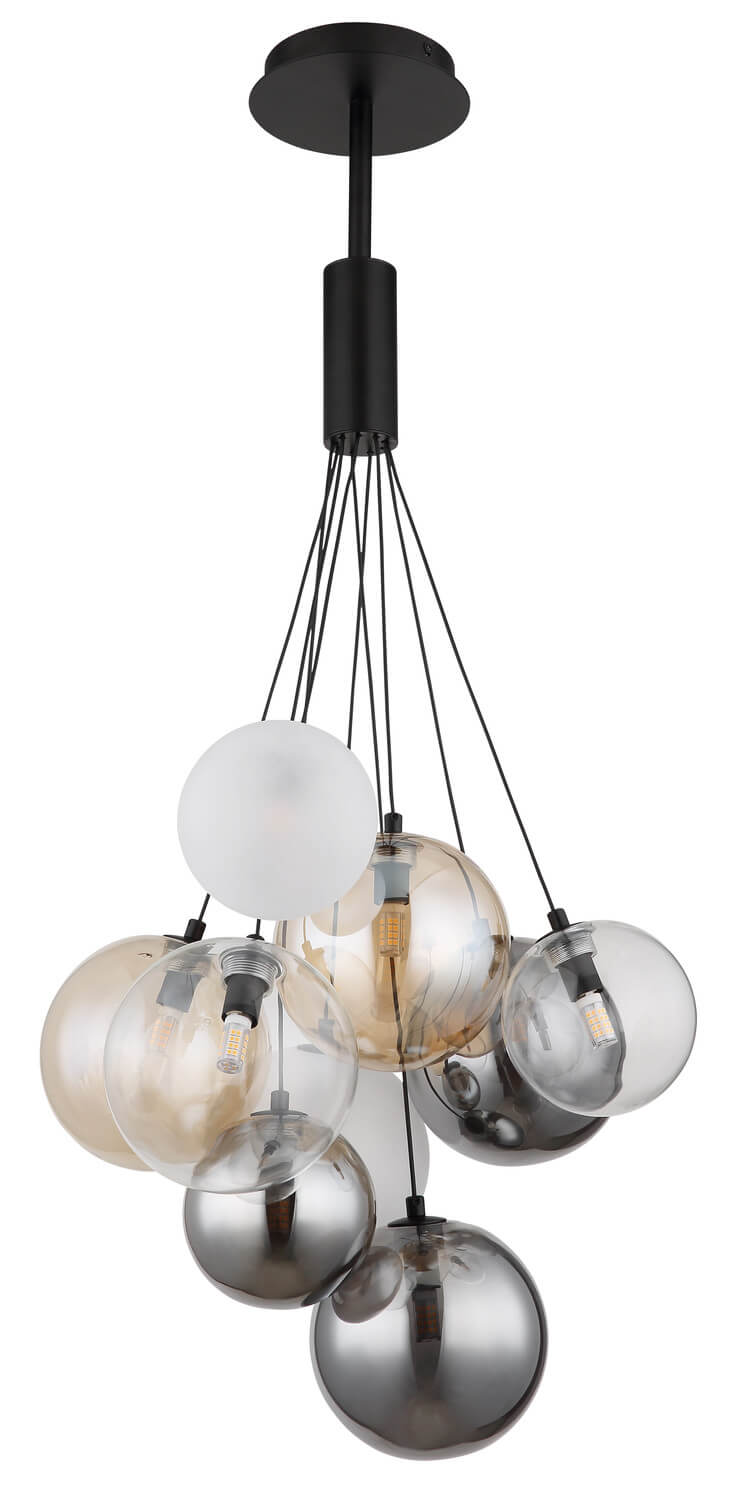 Vue du luminaire avec la grande sphère opaline blanche éteinte au premier plan