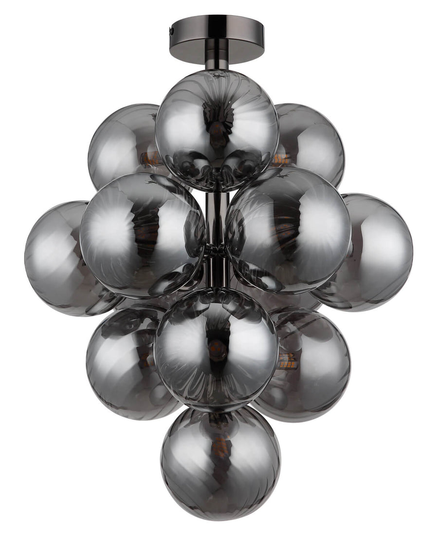 Produit éteint sur fond blanc, reflets argentés des globes et finition chromée