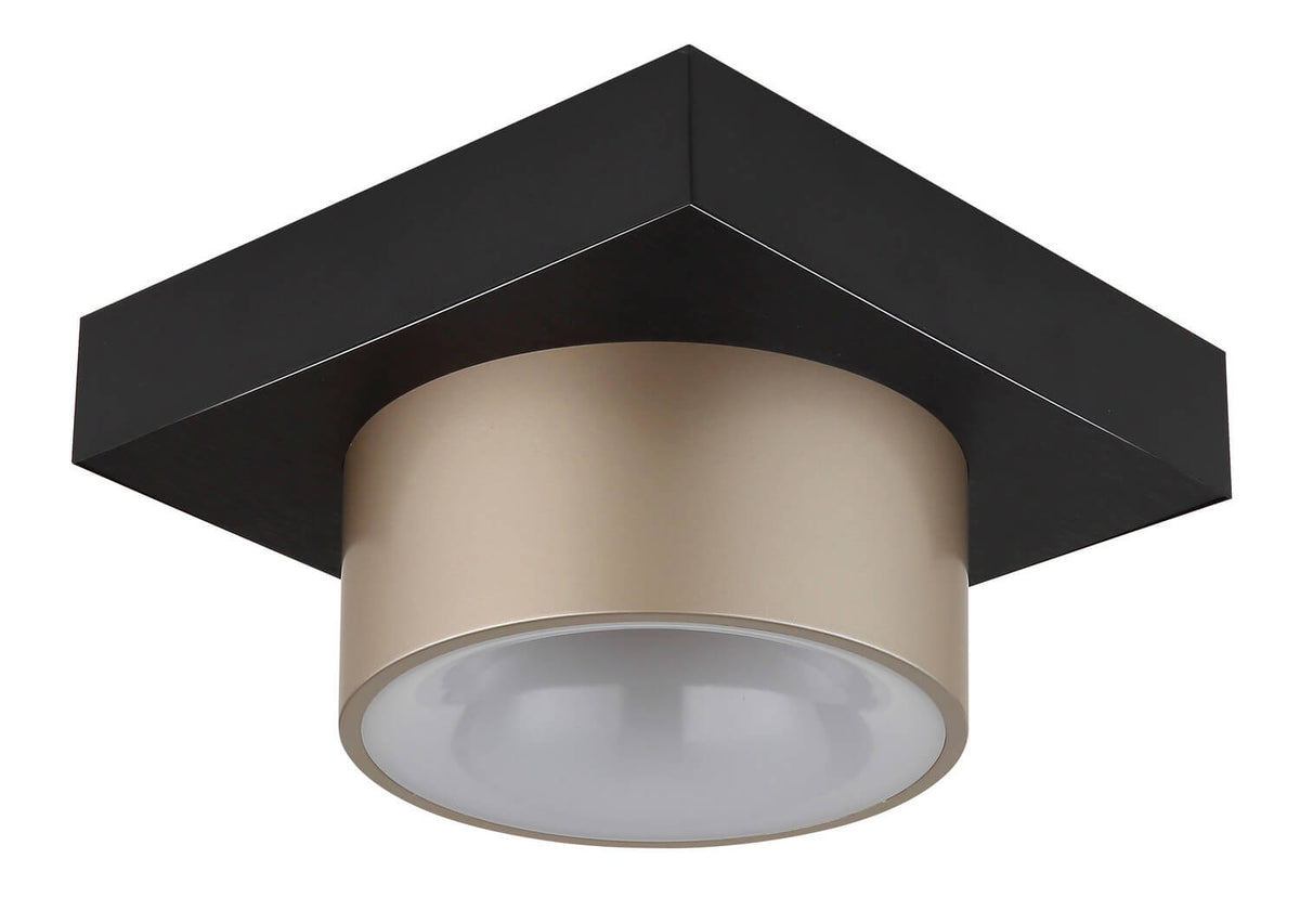 Détail du plafonnier noir mat avec cylindre doré éteint
