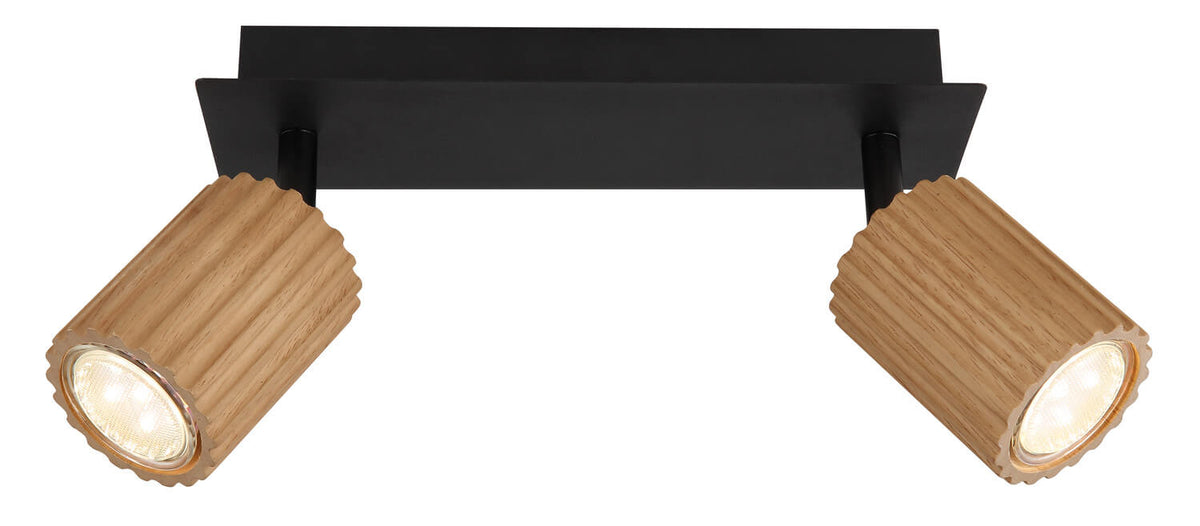 Vue de face du plafonnier, deux spots orientés en sens opposés