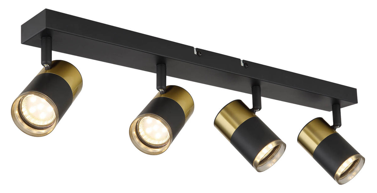 Présentation du luminaire quatre spots orientables, base rectangulaire noire et dorures.