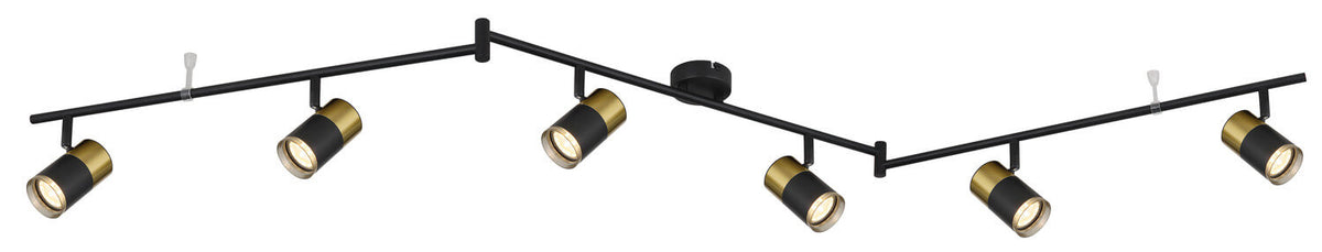 Vue d'ensemble du luminaire à six spots, rail noir et têtes cylindriques orientables.