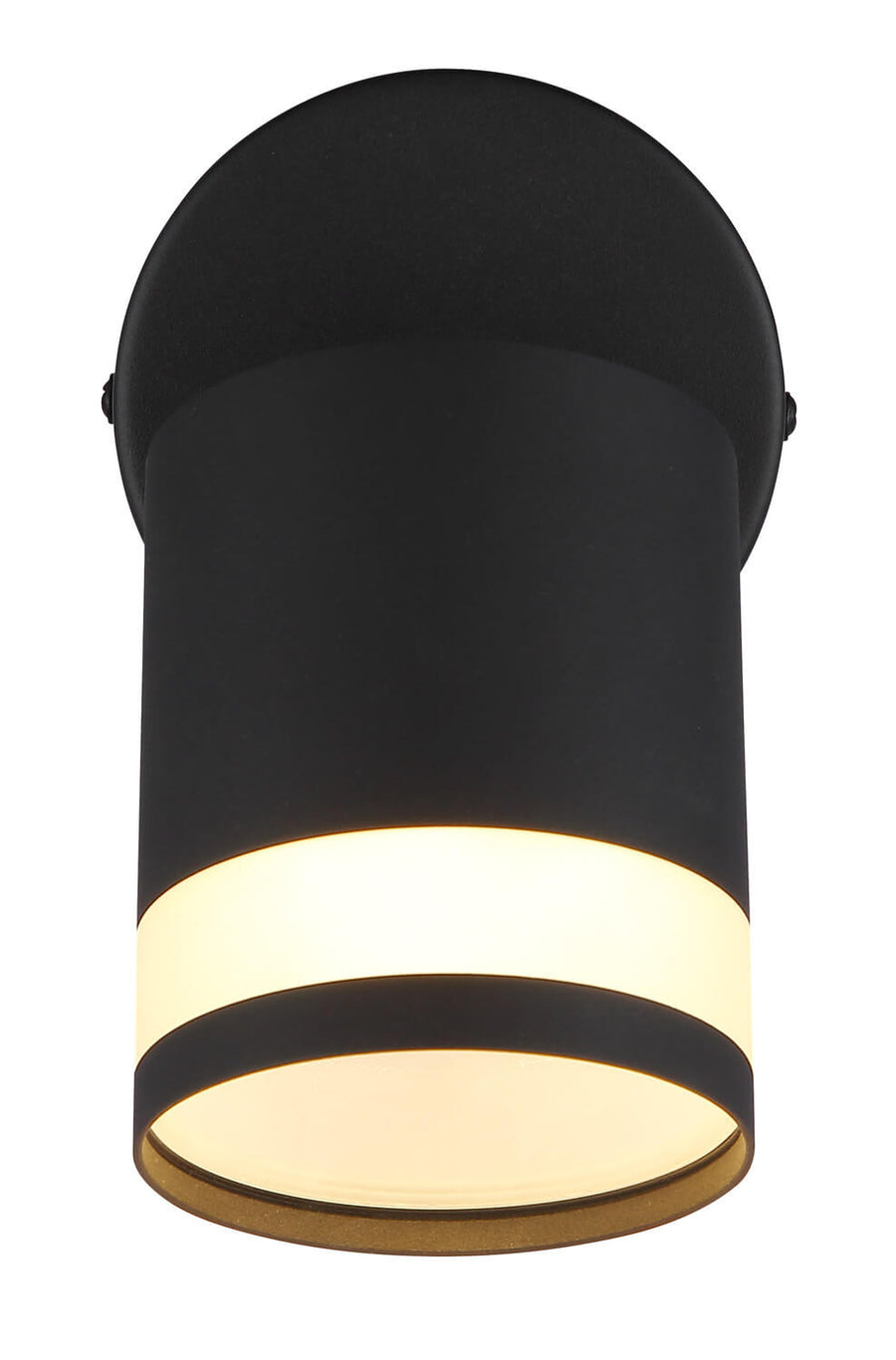 Vue de face du spot cylindrique noir avec halo lumineux.