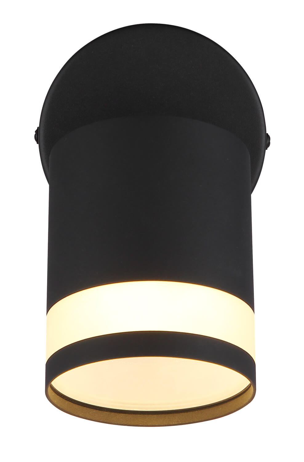 Vue de face du spot cylindrique noir avec halo lumineux.