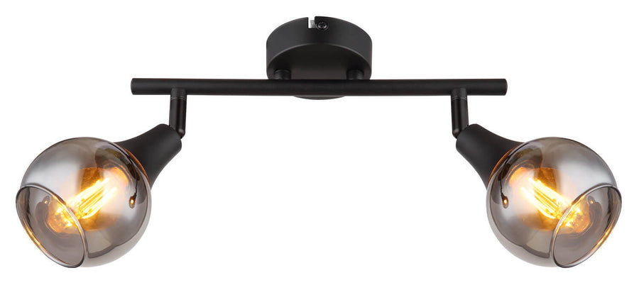 Vue frontale du luminaire double spot noir mat éclairé