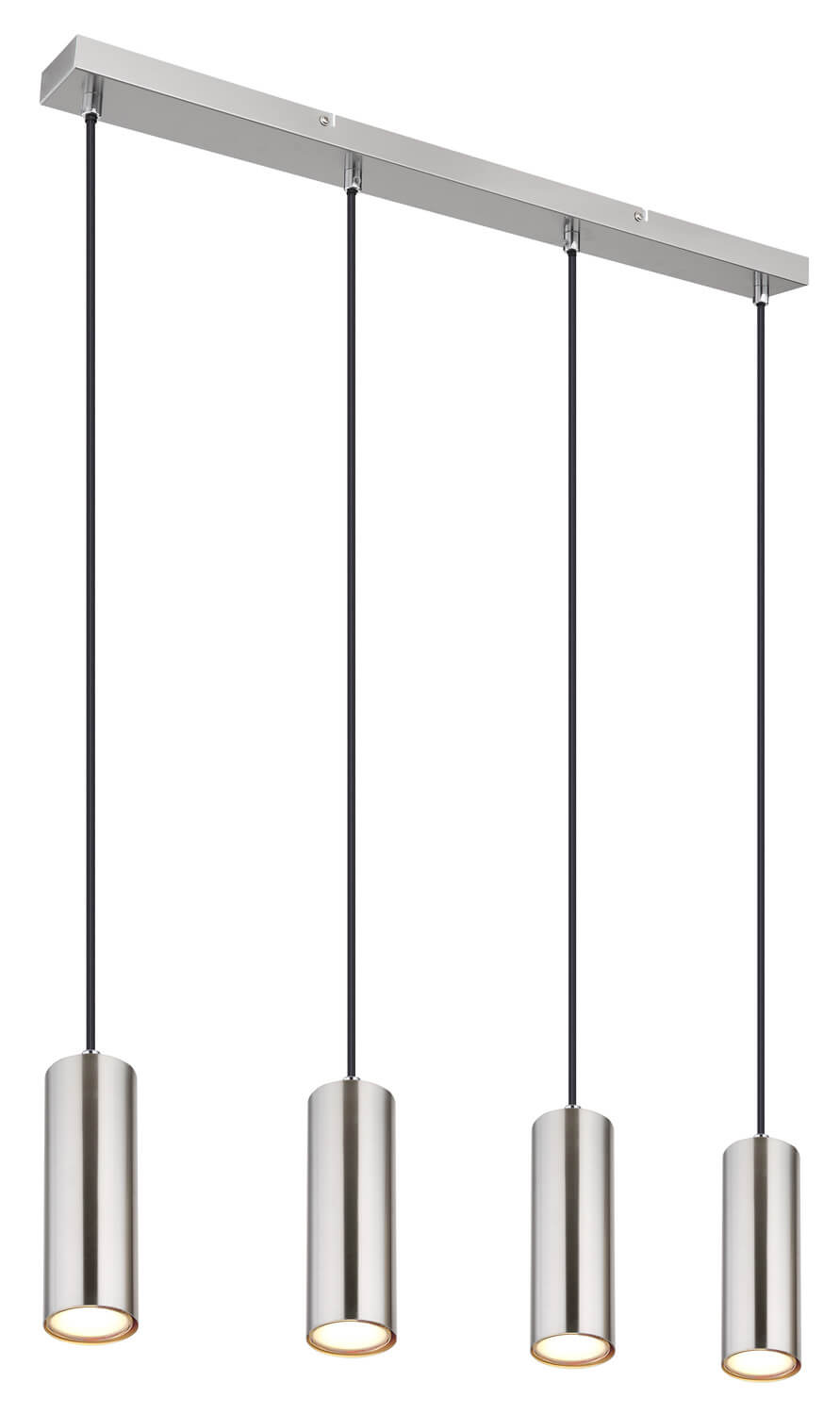 Profil du luminaire montrant cordons noirs tendus et fine barre de fixation.