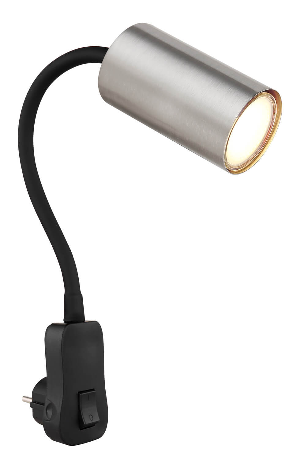Vue de trois quarts du luminaire mural, tête orientable et interrupteur sur fond blanc