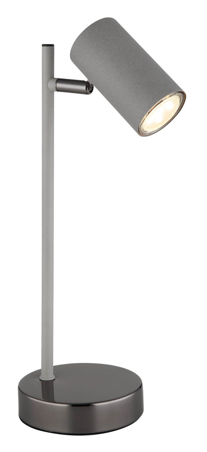 Gros plan du luminaire montrant la rotule chromée et le pied fin gris.