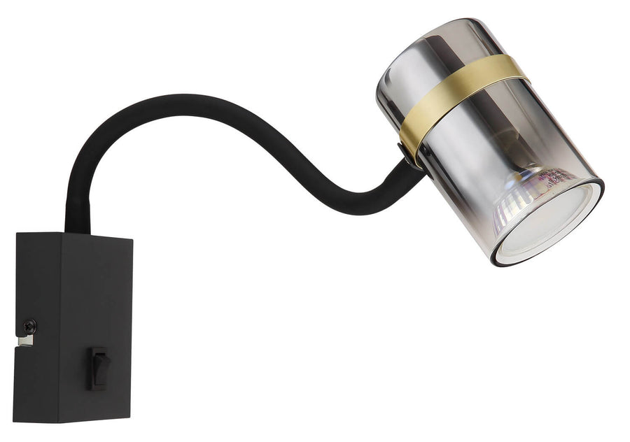 Produit de trois quarts, abat-jour cylindrique translucide et interrupteur sur la platine