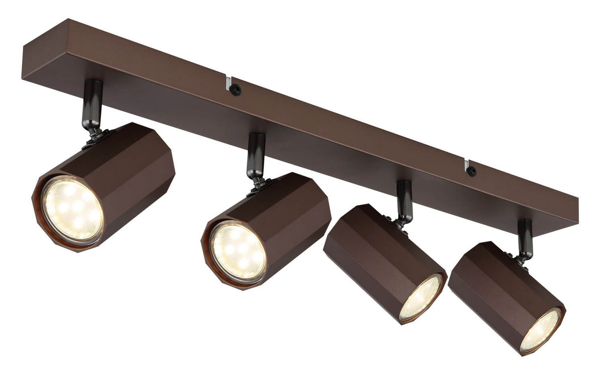 Vue inclinée du luminaire plafond, projecteurs cylindriques et finition bronze.