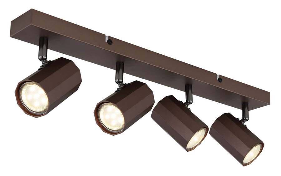 Vue inclinée du luminaire plafond, projecteurs cylindriques et finition bronze.