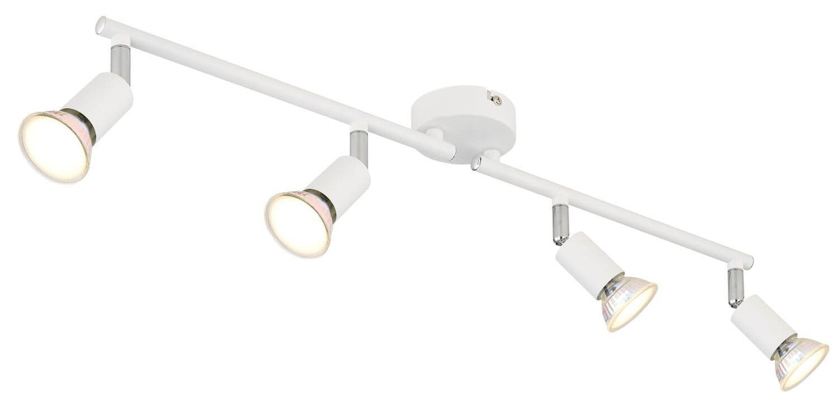 Vue rapprochée du projecteur blanc mat et de ses quatre têtes réglables