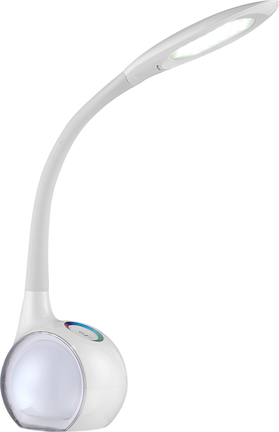 Vue de profil montrant le socle sphérique translucide et le col fin incliné