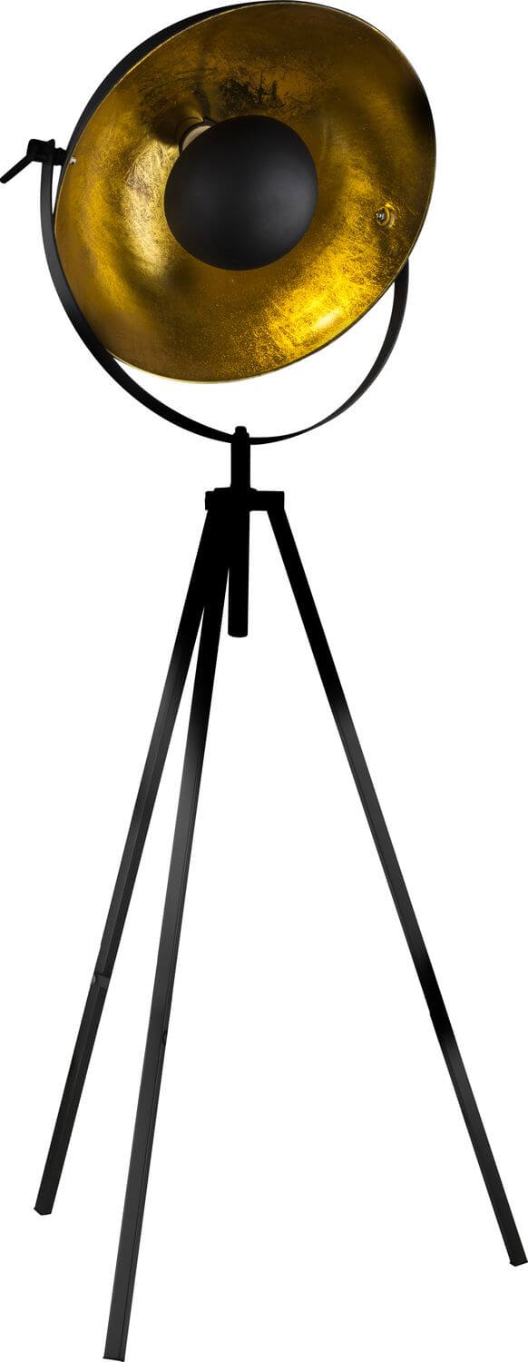 Gros plan sur l'intérieur doré de la tête et le support métallique noir du lampadaire.