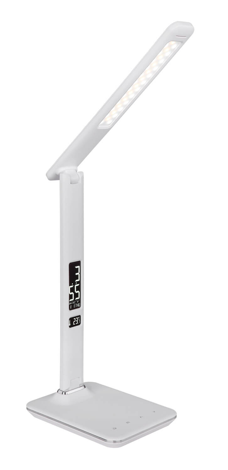 Lampe blanche inclinée sur fond blanc, éclairage LED allumé et commandes visibles.