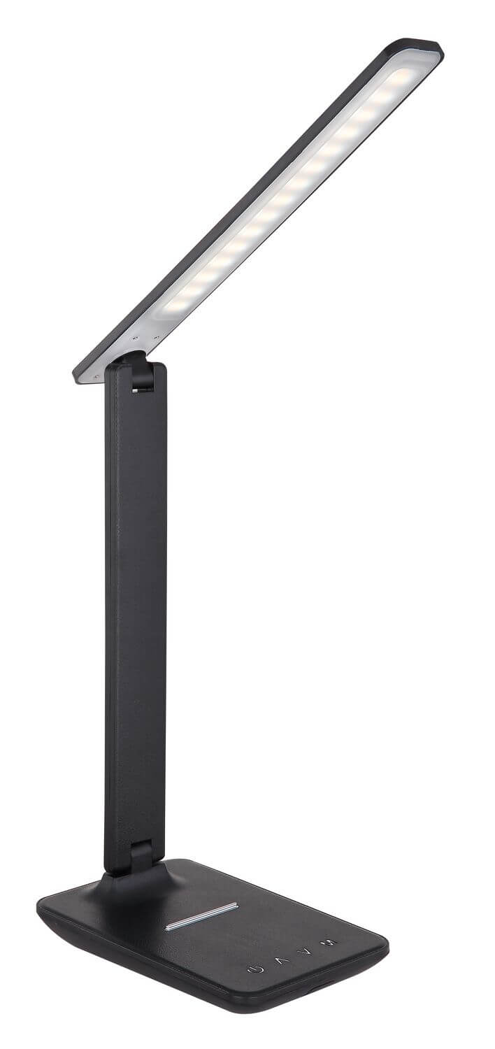 Vue de profil de la lampe noire, bras vertical et socle rectangulaire fin