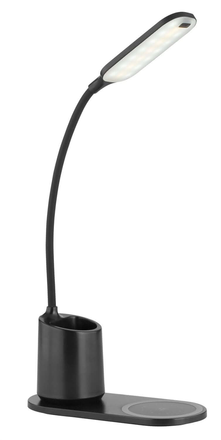 Vue de profil du luminaire noir, bras souple courbé sur socle ovale