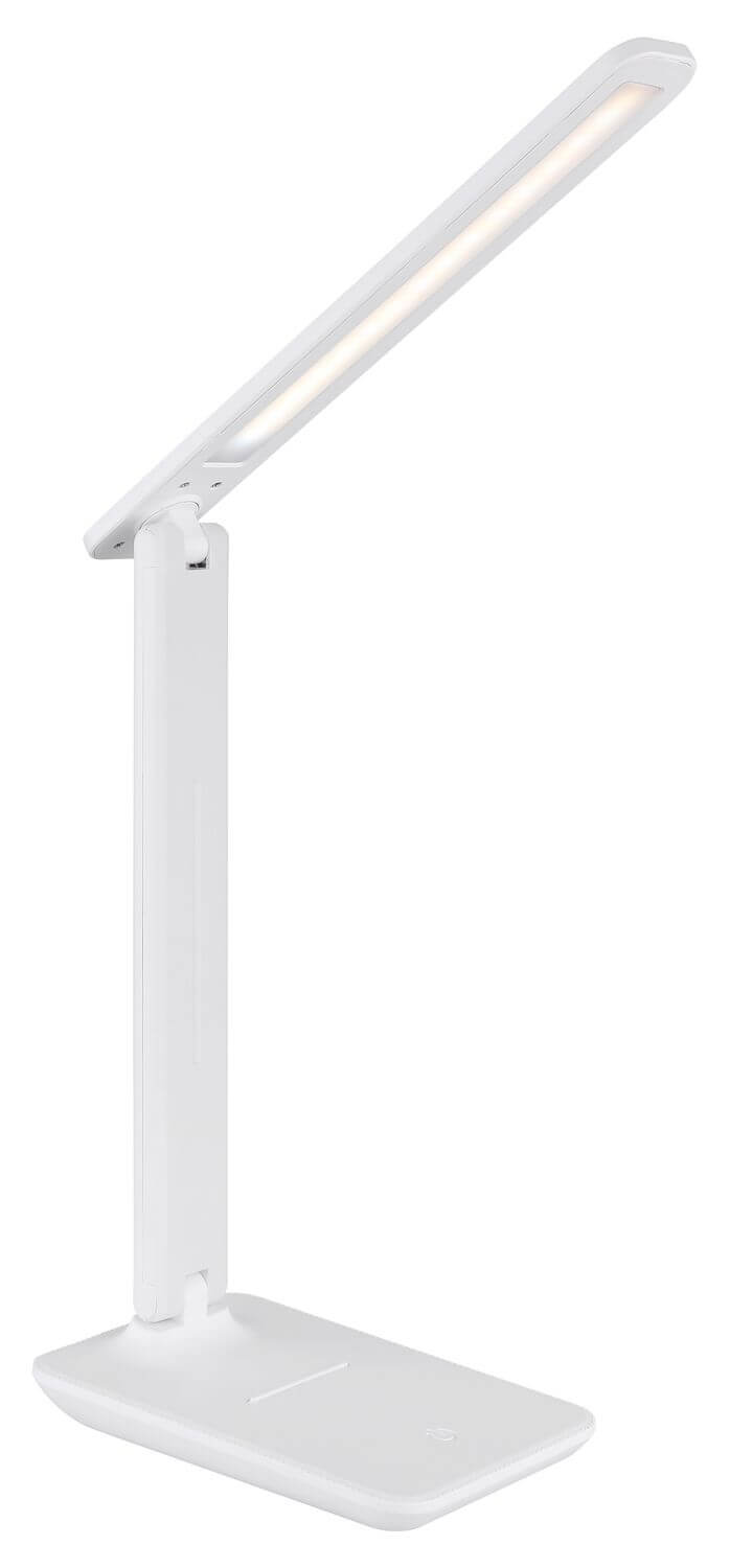 Vue de profil de la lampe allumée, bras vertical et base plate
