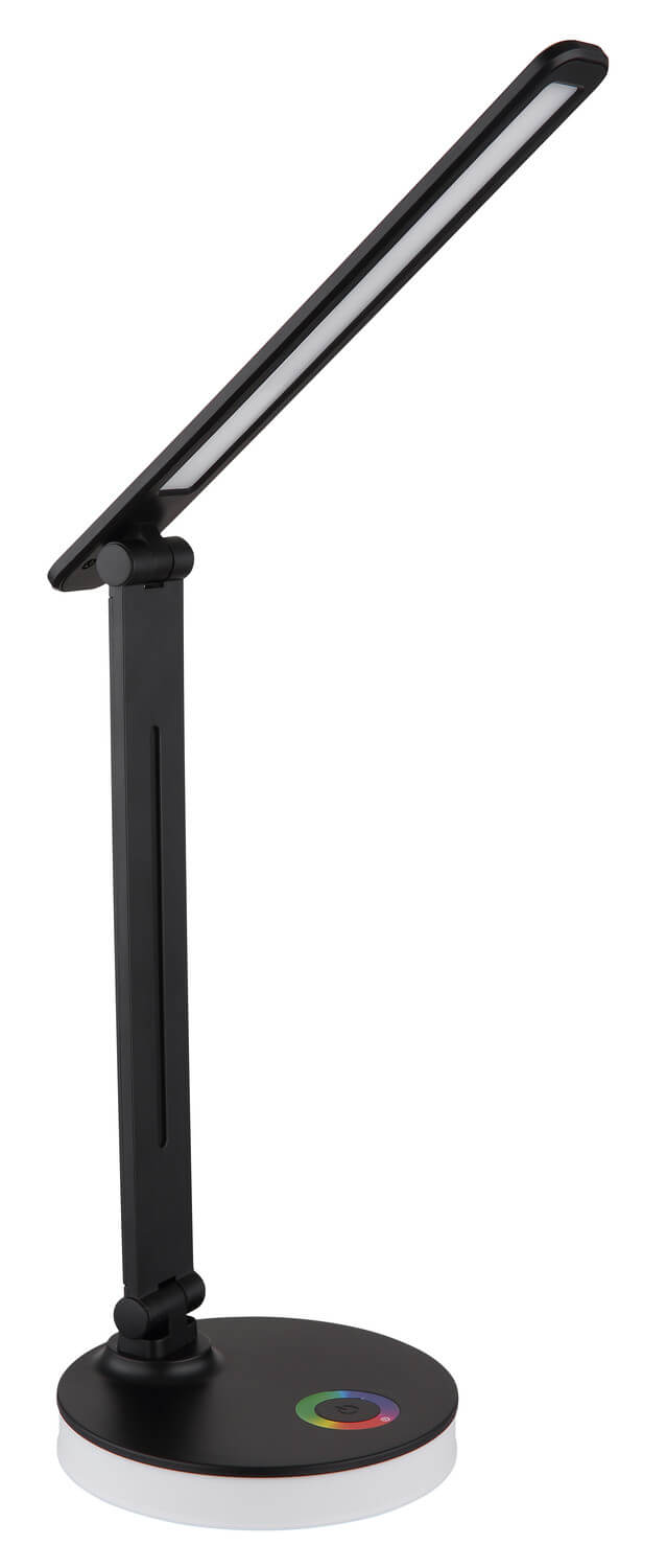 Détail du socle rond et du bras articulé, surface noire mate