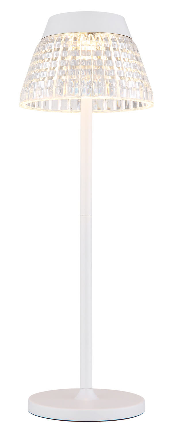Luminaire allumé de face, socle rond blanc mat et tige fine verticale