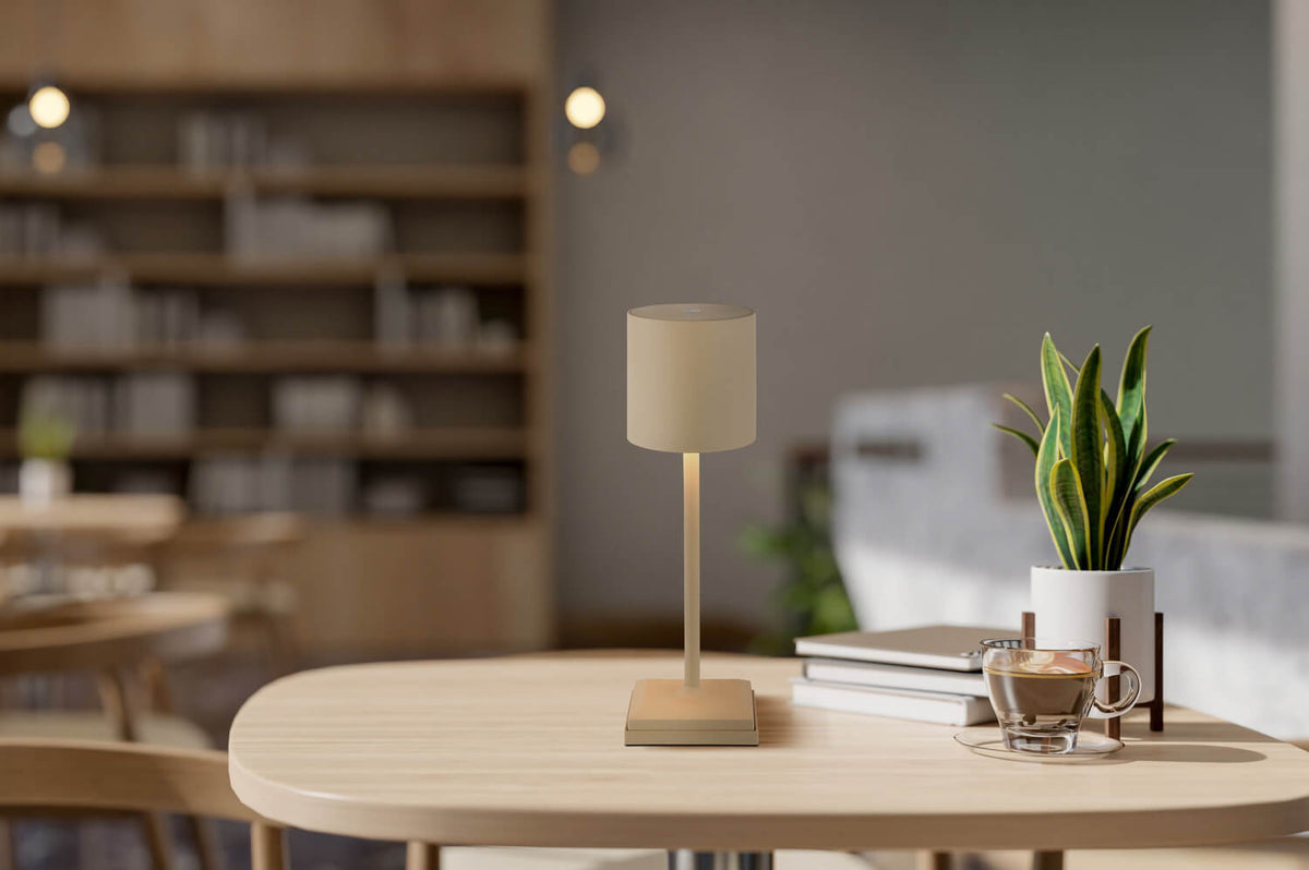 Mise en ambiance sur table en bois avec plante verte et tasse de café
