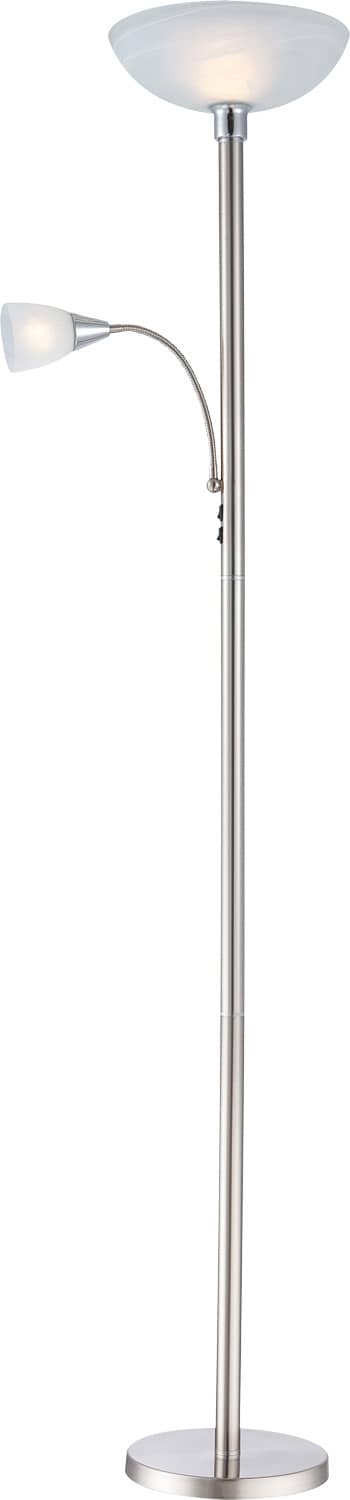 Lampadaire de face, tige cylindrique argentée et vasque en verre dépoli translucide