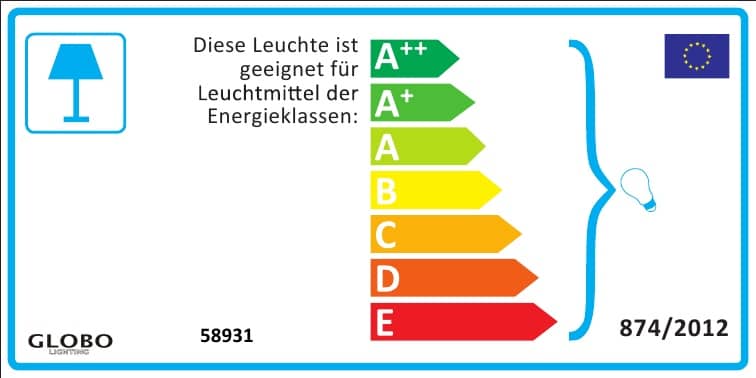 Étiquette réglementaire 874/2012 avec logo ampoule et référence produit en bas
