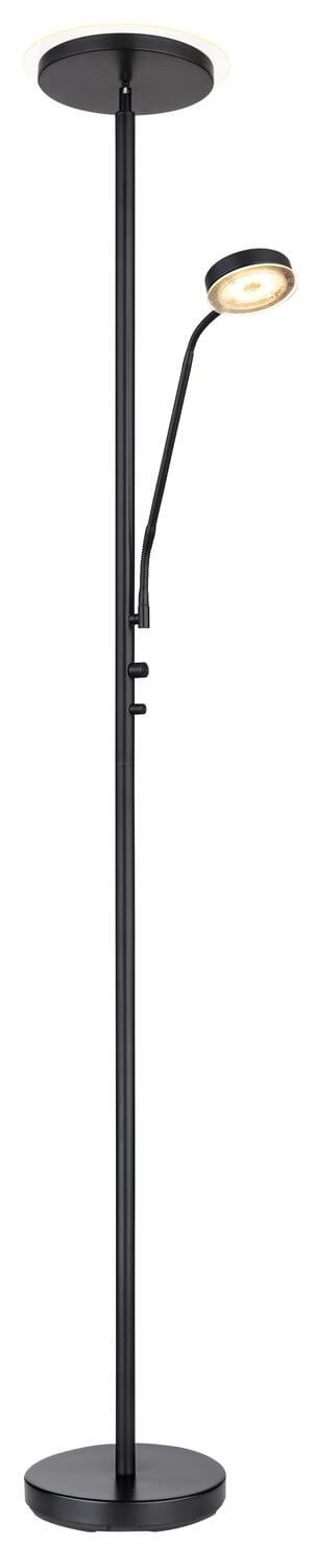Vue rapprochée du lampadaire noir mat mettant en valeur ses deux diffuseurs ronds