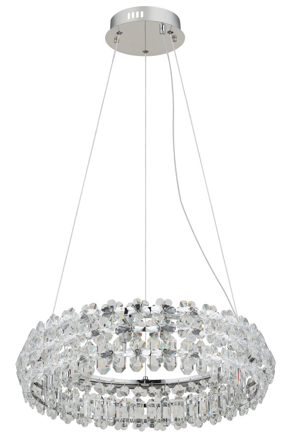 Vue d'ensemble de la suspension cristal montrant le support plafond chromé