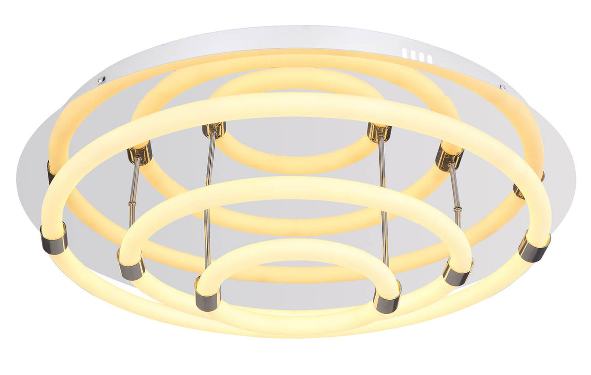 Vue de face du plafonnier, cercles LED emboîtés et tiges chromées apparentes